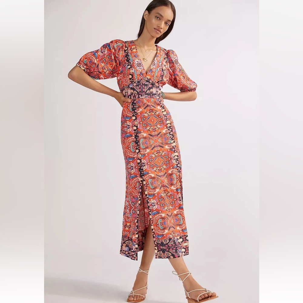 Anthropologie Orange Paisley Maxi Dress with Puff Sleeves